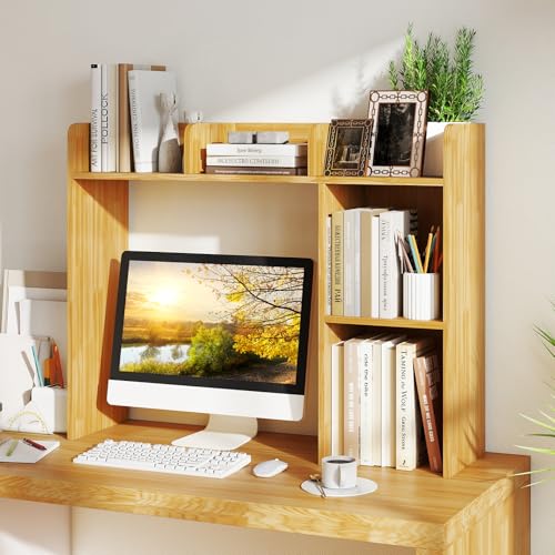 Tangkula Desktop Bookshelf, Countertop Storage Hutch with Shelves for Computer Desk, Desk 3-Tier Display Rack, Multipurpose Wood Desktop Hutch Storage Organizer for Dorm Office - color: Burlywood, size: 5 Shelves