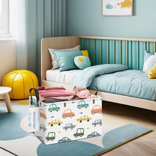 LANGYASHAN Rectangular Storage Bin Collapse Canvas Fabric Cartoon Storage Basket with Handles for Organizing Home Kitchen Boys and Girls Toys Office Closet Shelf Baskets(Rec Color Cars) - color: Rec Color Cars