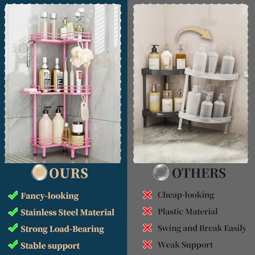 Consumest Corner Shower Caddy Standing - 3-Tier Stainless Steel Shower Organizer with Soap Holder and 4 Hooks, Large Capacity Corner Shelf Stand for Bathroom, Rest Room, Pink - color: Pink, size: 3 Tier