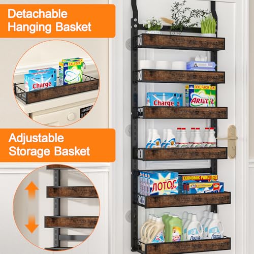 6 Tier Over The Door Pantry Orangizer 2 IN 1 Wall Mounted or Hanging Spice Rack with Adjustable Wood Basket,Heavy Duty Seasoning Storage Shelf for Kitchen Pantry and Bathroom - color: Black-Wood, size: 6 Tiers