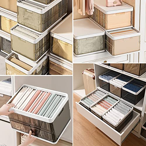 Stackable Wardrobe Clothes Organizer, Jeans Compartment Plastic Storage Box with Detachable Dividers lid, Wardrobe Clothes Cabinet for Toys Snacks Books, Clear Brown (9 Grids)