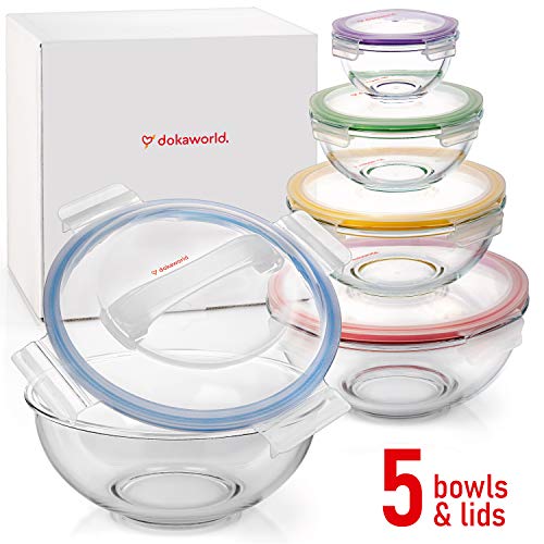 Set of 5 Stackable Space-Saving Nesting Glass Bowls with BPA Free Lids for Foodprep, Storage, Baking, Mixing & Cooking, Microwave Safe - Durable Inert Borosilicate Glass - color: 5 Mixing Bowls with PP Lids