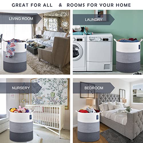 COMSE Laundry Hamper, Extra Large 15.7"x 21.7", Cotton Rope Basket, Portable, White & Light Gray & Dark Gray - color: White & Light Gray & Dark Gray