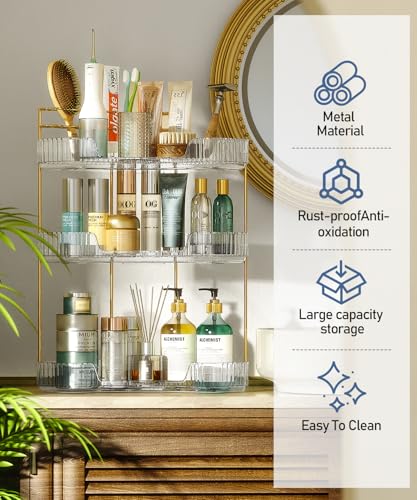 EUHOME 3-Tier Corner Bathroom Counter Organizer Makeup Cosmetic Storage, Tool-Free Installation Acrylic Vanity Shelf, Countertop Storage Organizers Perfume Tray for Bathroom, Dresser, Kitchen (Clear) - color: Clear, size: 9" x 9" x 20.5"