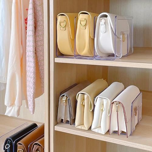 YAGELI Clear Acrylic Purse Organizer for Closet, 3-4 Section Desk File Sorter, 2.95" Wide Slots for Clutches, Handbags, Binders & Folders, Sturdy Stackable Bookshelf Organizer, 4-Pack (3 Sections) - size: 3 Sections-4 pack