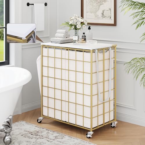 Laundry Basket with Wheels, Heavy Duty Laundry Sorter 2 Sections, 120L (32Gal.) Large Capacity Laundry Hamper with Wood Lid, 360 Rolling Wheels, Extra Side Pocket, Leather Pull Handle, Golden - color: Golden, size: 120L