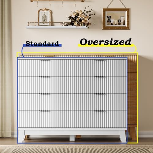 BORNOON 53" Tall Dresser for Bedroom, 8-Drawer Fluted Chest of Drawers, Modern Wood Highboy with Metal Slides and Handles, Anti-Tip Kit, Vertical Clothes Storage Organizer for Apartment, Closet - color: Pure White, size: XL 8-Drawer