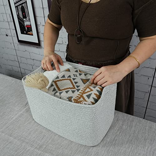 Cotton Rope storage Basket Bins Woven Basket for Organizing Shelves 15X10X9.3“ Rectangle Decorative Baskets For storage Clothes Toys Books Towels Square Wicker Nursery basket organizer 3 pack grey - color: Grey