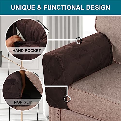 Non-Slip Sofa Armrest Protector,Thick Velvet Armrest Covers for Chairs and Sofas Couch with Side Pocket,Armrest Storage Organizer,Washable Arm Covers for Dogs，Set of 2 (Brown) - color: Brown