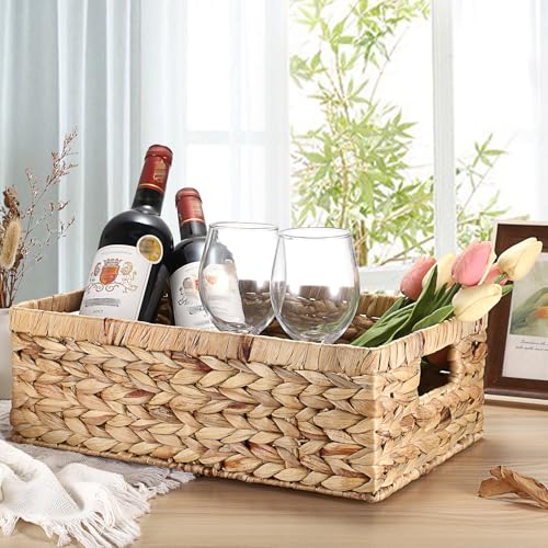 Woven Open Storage Bins Large Wicker Shelf Basket with Built-in Handles Natural Water Hyacinth Storage Baskets for Toiletries Books Fruits Organizing,15 x 10.2 x 5 inches - size: 15"L x 10.2"W x 5"H
