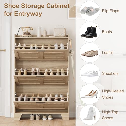 IDEALHOSUE Shoe Cabinet Storage for Entryway, Slim Shoe Storage Cabinet with 3 Flip Drawers, Freestanding Hidden Narrow Shoe Organizer Cabinet with Hooks for Entrance, Foyer, Hallway, Light Oak - color: Light Oak, size: 3-Drawers