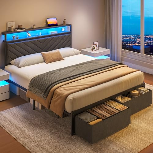 Fluest Queen Bed Frame with 2 Drawers, Upholstered Headboard with Storage and Charging Station, LED Lights, Fabric Drawers with Wheels, Under Bed Storage, No Box Spring Needed, Easy Assembly, Grey - size: Queen