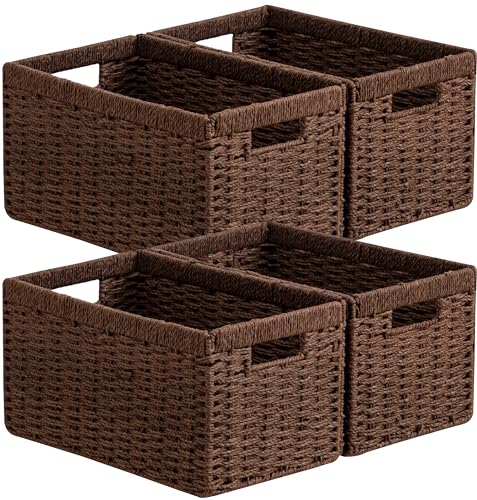 UBBCARE 4 Pack Wicker Basket, 13.4L×8.3H×7.1W inch Woven Paper Rope Storage Baskets for shelves, Foldable Rectangular Storage Baskets with Handle, Storage Basket for Organizing, Dark Brown - color: Dark Brown, size: 4pack Medium