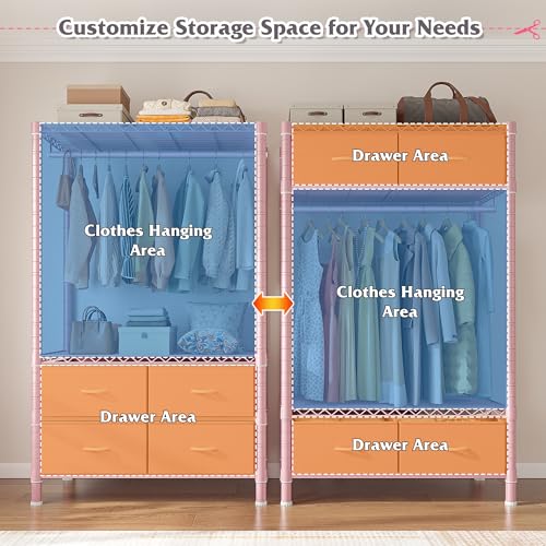 Raybee Clothes Rack, Clothing Rack for Hanging Clothes with 4 Drawers Load 420LBS Heavy Duty Garment Rack with Drawers, Pink - color: Pink, style: Clothes Rack with Drawers