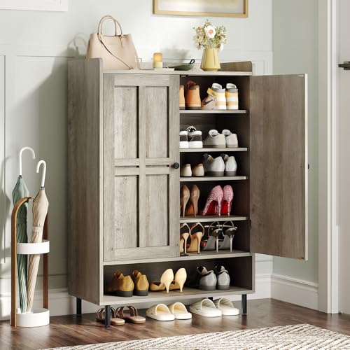 ONBRILL Shoe Cabinet with Cross Molding Doors, 6-Tier Shoe Storage Cabinet with 3 Adjustable Shelves and Metal Legs, 45'' Tall Shoes Rack Organizer Cabinet for Entryway, Front Door, Gray Wash - color: Gray Wash