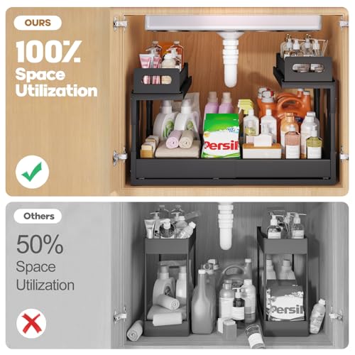 1 Pack Expandable Under Sink Organizers And Storage With Upgrade Ball-Bearing Slide Tracks,2-Tier Pull Out Under Cabinet Organizer Height Adjustable,Slide Out Under Sink Drawers-Black(Patent Pending) - color: Black, size: 1 Pack-15.3"-24.2"W