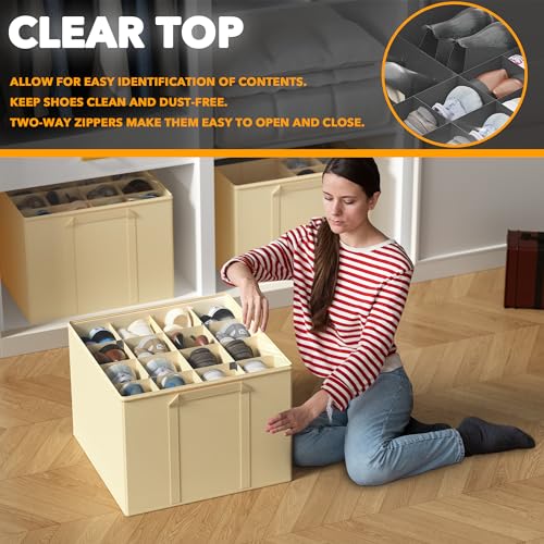 SpaceAid Shoe Organizer for Closet, 2 Pack Foldable Shoe Storage Containers Baskets Boxes Bins w/Adjustable Dividers, Fits 16-32 Pairs, Beige - color: Beige