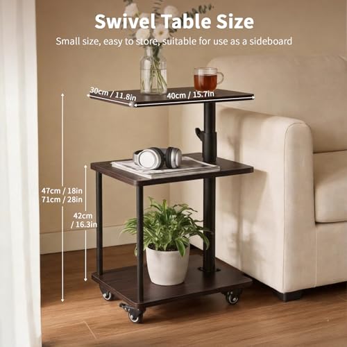 360° Swivel Side Table with Storage, Height Adjustable, Smooth-Rolling Wheels, C-Shaped End Table for Couch/Sofa, Recliner, Living Room, Black Walnut-Look - color: Black Walnut - Look