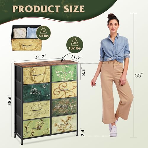 WLIVE Tall Fabric Dresser with 8 Drawers, Storage Tower with Fabric Bins, Double Dresser, Chest of Drawers for Closet, Bedroom, Living Room, Hallway, Dorm, Floral Painted - color: Floral Painted, style: General