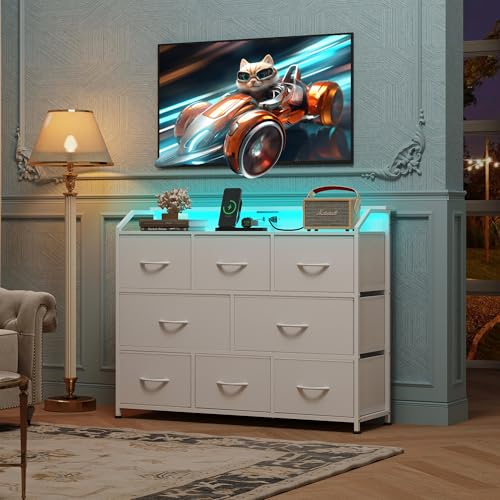 WLIVE Led Dresser for Bedroom, White Dresser TV Stand for Bedroom with LED Lights and Power Outlet, Wide Chest of Drawers for Hallway, 8 Fabric Drawers for Living Room and Entryway, Easy to Assemble - color: White, style: 8 Drawers with LED