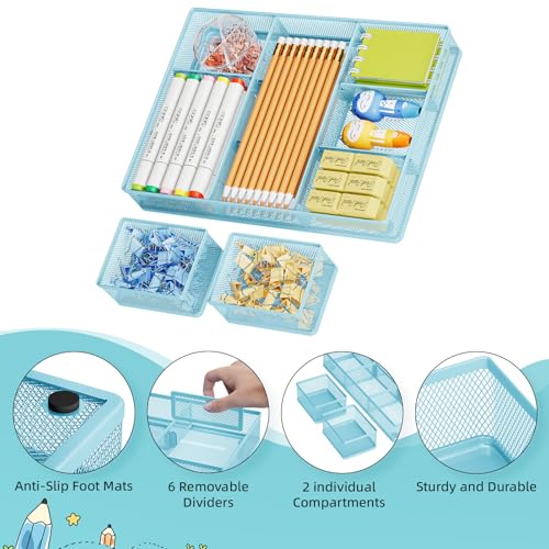 Marbrasse 3 Packs Desk Drawer Organizers, Metal Mesh Dividers with 9 Adjustable Compartments, Pen Organizer for Drawer Tray Box Accessories for Desktop,Kitchen, Makeup(Blue) - color: Blue