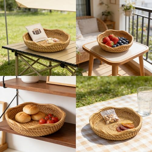 8.7" Handmade Rattan Basket Small Round Woven Storage Basket Tray Small Decorative Bowl for Home Decor, Wavy Edge - color: Basic-wavy, size: 8.7“