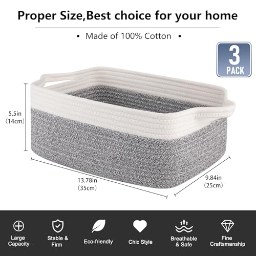 OIAHOMY 3 Pack Storage Baskets for Organizing, Woven Cotton Rope Basket for Shelves, Closet Organizer Bins with Handles, Rectangle Toy Organization, 13.78''×9.84''×5.5'', Grey & White - color: Grey variegated, size: 13.8''×9.8''×5.5''