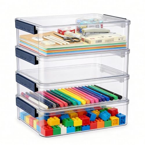 4 Pack 5.5qt 9 x 13 Clear Plastic Storage Box with Snap-Tight Latch, Stackable Organizer Container for A4 Files, Photos, Documents, Scrapbook, Crafts, and Art Supplies,Clear Storage Box With Lids