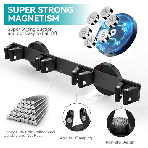Magnetic Mop Broom Holder, Strong Non Slip Magnetic Broom Mop Hanger, Heavy Duty Magnetic Hooks for Hanging Shovel Rake Tools, Wall Mounted Utility Storage Magnet Rack 4 Rack - color: 4 Rack - Broom Mop Holder