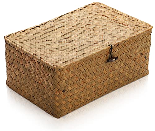 Yesland Handwoven Seagrass Rattan Storage Basket - 11.5'' x 7.5'' x 5'' - Brown Rectangular Makeup Organizer Container with Lid, Perfect for Decoration, Picnic, Groceries and Toy Storage - size: 11.5'' x 7.5'' x 5''