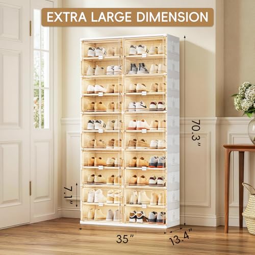 JEKO&JEKO 10 Tiers Foldable Shoe Rack Organizer Cabinet for Closet Entryway, Large Collapsible Shoe Storage Box with Magnetic Doors Fits Up to 40 Pairs (White) - color: Double-row, size: 10 Tiers (Standard Tiers Only)