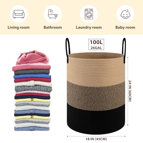 OIAHOMY Large Laundry Basket Hamper - 100L Cotton Rope Woven Basket for Blankets, Toys, Clothes - Tall Decorative Nursery Hamper with Long Handles, Yellow/Black - color: Yellow/Black, size: 100L