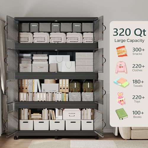 320GAL Plastic Storage Bins with Lid, 1280QT Extra Large Stackable Closet Organizers and Storage, Collapsible Storage Boxes with Wheels, Folding Cabinet for Home Kitchen Office, 4Pack Black - color: 80Gal-Black, style: 4Pack