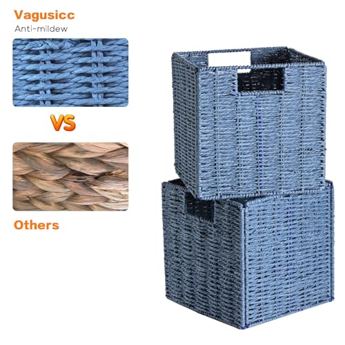 Vagusicc Wicker Storage Basket, Set of 2 Hand-Woven Storage Baskets for Shelves with Handles, Foldable Cube Storage Baskets Bins 11 Inch Large Wicker Baskets for Pantry Decor, Blue(11''x11''x11'') - color: Dark Blue, size: 11'' x 11'' x 11''