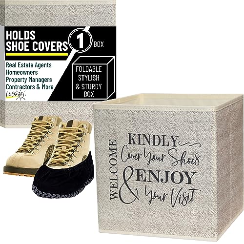 Shoe Cover Box - Welcome Guests to Please Cover Shoes. Indoor Foldable Storage Bin to Fill w/your Favorite Booties. For Homeowner, Real Estate Agent, Realtor Open House Supplies | 1 Beige & Black - color: Beige and Black, size: 1