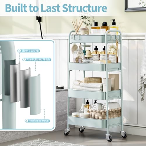 TOOLF 4-Tier Rolling Cart - Metal Storage Organizer with Lockable Wheels, 44 lbs Per Shelf Capacity, Tool-Free Assembly, for Kitchen Bathroom Office Laundry Room Nursery, Green - color: Green, size: 4-Tier