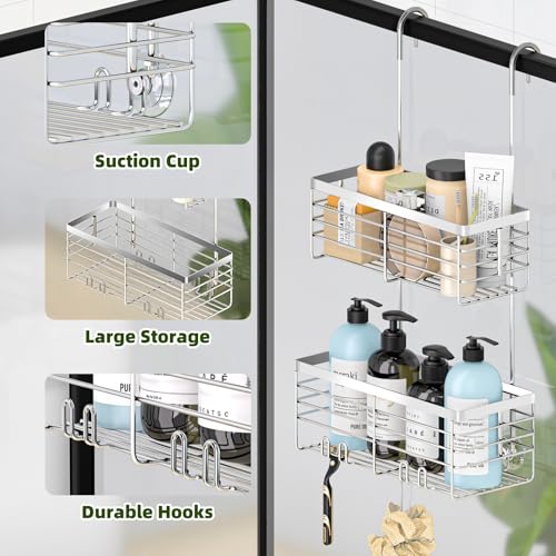 YUOROS Shower Caddy Hanging, 2 Tier Over the Door Shower Organizer Rack 304 Stainless Steel Rustproof Bathroom Storage Shampoo Holder Basket (Silver) - color: Silver, size: 2 Tier