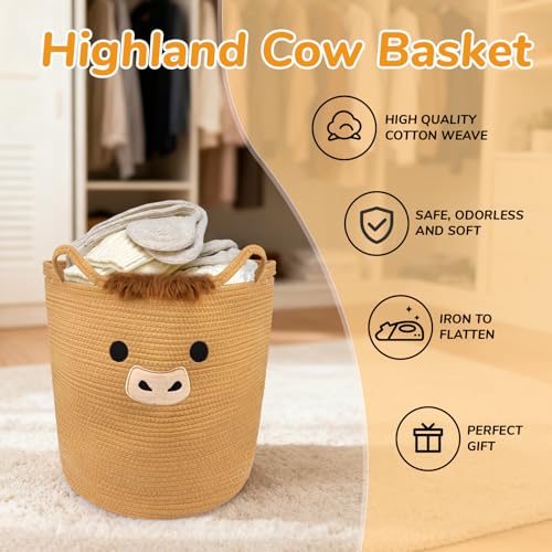 Highland Cute Cow Basket for Nursery, Tall Large Laundry Blanket Gift Basket, Woven Rope Cotton Storage for Clothes, Baby Shower Hamper 0rganizer with Ears Handles, 53L Clothes Bins,15"D×18"H - color: Brown, size: 15"D ×18 "H