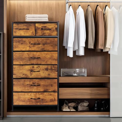 Mifuro Tall Dresser for Bedroom, Vertical Storage Organizer Tower with 7 Drawers, Chest of Drawers with Fabric Bins, Steel Frame, Wood Top for Bedroom, Closet, Entryway- Rustic Brown - color: Rustic Brown, size: 7 Drawers