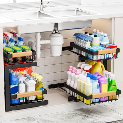 ADBIU Under Sink Organizer XL Size, 2 Packs 2 Tier Expandable Height (13.5" - 17.5") Under-Sink Organizers Slide out Pull out Bathroom Kitchen Organizers And Storage - color: Black, size: X-Large
