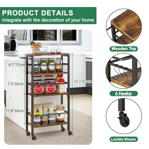 IBUYKE 7.8" Slim Rolling Cart,4-Tier Metal Kitchen Storage Cart,Trolley cart on Wheels for Narrow Space,with Handle and Wooden Tabletop,for Kitchen, Dining Room,Laundry Room,Rustic Brown UTMJ065H - style: Brown