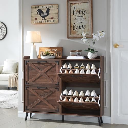 Barnyatoh Shoe Storage Cabinet,Farmhouse Shoe Organizer with 4 Flip Drawers & Barn Door Design,Hidden Slim Narrow Shoe Rack Cabinet for Entryway,Foyer,Hallway,Walnut - color: Walnut, size: 4-Drawers