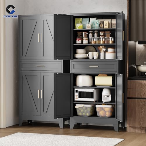 COFaR 71 in Tall Kitchen Pantry Cabinet with Drawer, Metal Pantry Storage Cabinet with 4 Adjustable Shelves and 4 Barn Doors, Freestanding Farmhouse Food Cupboard for Dining Room Garage, Black 6-Tier - color: Black, size: 71 Tall 4 Doors 1 Drawer-Farmhous