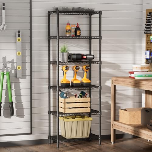 SINGAYE 6 Small Wire Shelves Kitchen Pantry Close Home Organizers and Storage Bathroom Shelf Laundry Room Organization Adjustable Book Metal Garage Shelving Unit - color: Black, size: 6-Tier 9.92"D X 15.72"W X 60."H