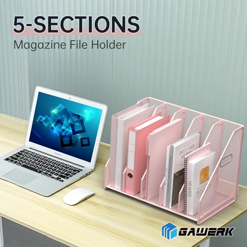MINDEPOT Desk File Organizer Metal Desk Magazine Folder Holder with 5 Vertical Compartments Rack File Organizer for Office, Home, School (Pink) - color: Pink