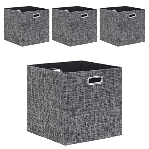 Cube Storage Bins 13×13 Inch Linen Foldable Box with Handles, Collapsible Organization Basket Set of 4 Large Capacity Drawer for Closet Shelf Cabinet Bookcase Bedroom, Black - color: Black