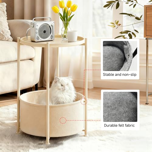Small Round Side Table with Felt Storage Basket, Metal End Table with Removable Tray and Adjustable Feet, Accent Table for Nursery, Bedroom, Living Room, Laundry Room, Gold - color: Gold