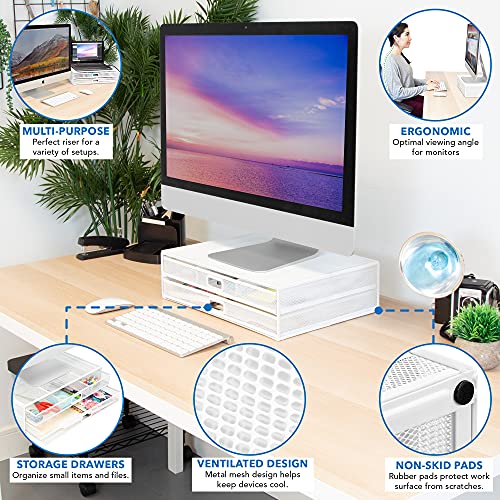 Mount-It! Mesh Computer Monitor Stand Riser [Metal] Desk Organizer with Two Pullout Storage Drawers for Desktop, Laptop, and Printer Accessories and Office Supplies (White) - color: White