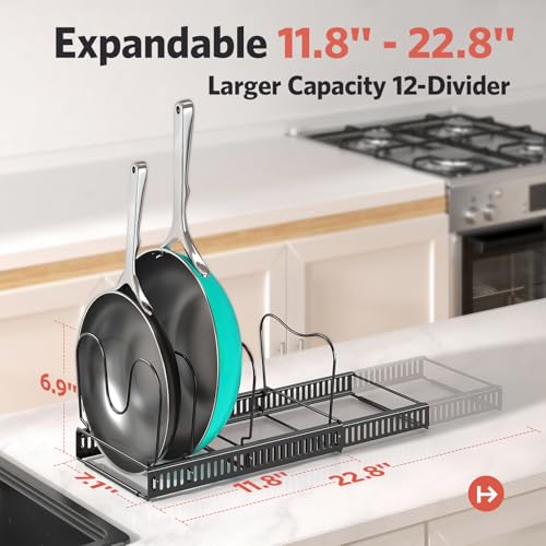 ORDORA Pots and Pans Organizer Under Cabinet, Expandable 11.8"-22.8" Pot Lid Holder with 14 Adjustable Dividers, Pan Organizers inside Cabinet for Kitchen Cookware Bakeware, Black - color: Black, size: 14 Dividers