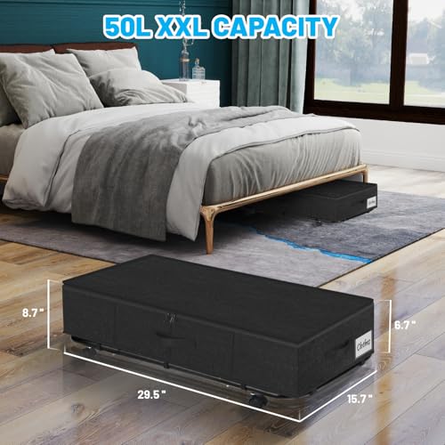 Large Sturdy Under Bed Storage with Wheels, 2 Pack 50L Rolling Underbed Storage Bins, Under Bed Containers Drawer with Metal Bottom Support, Bedroom Organizer with Lids for Clothes, Shoes, Blankets - color: Black-2 Pack, size: 9 Inch Tall - Regular Lid